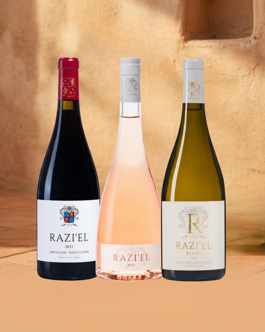 Three bottles of Razi'el wine on a warm beige background