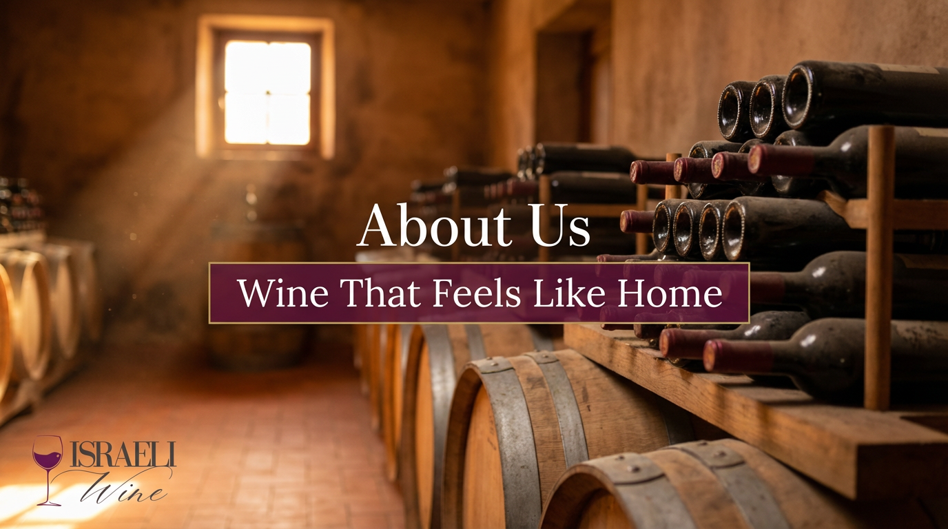 Wine cellar with wooden barrels and wine bottles, featuring text about Israeli wine.