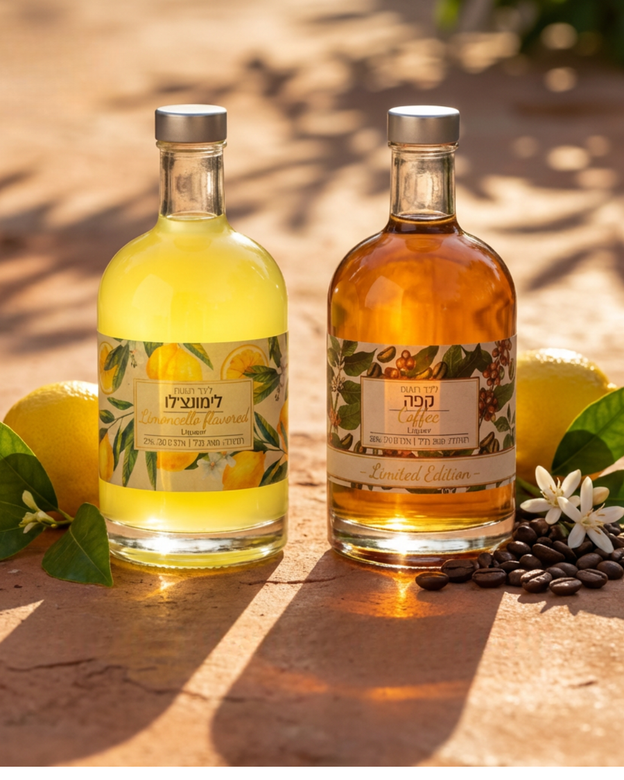 Two bottles of lemon and coffee-flavored drinks on a wooden surface with lemons and coffee beans.