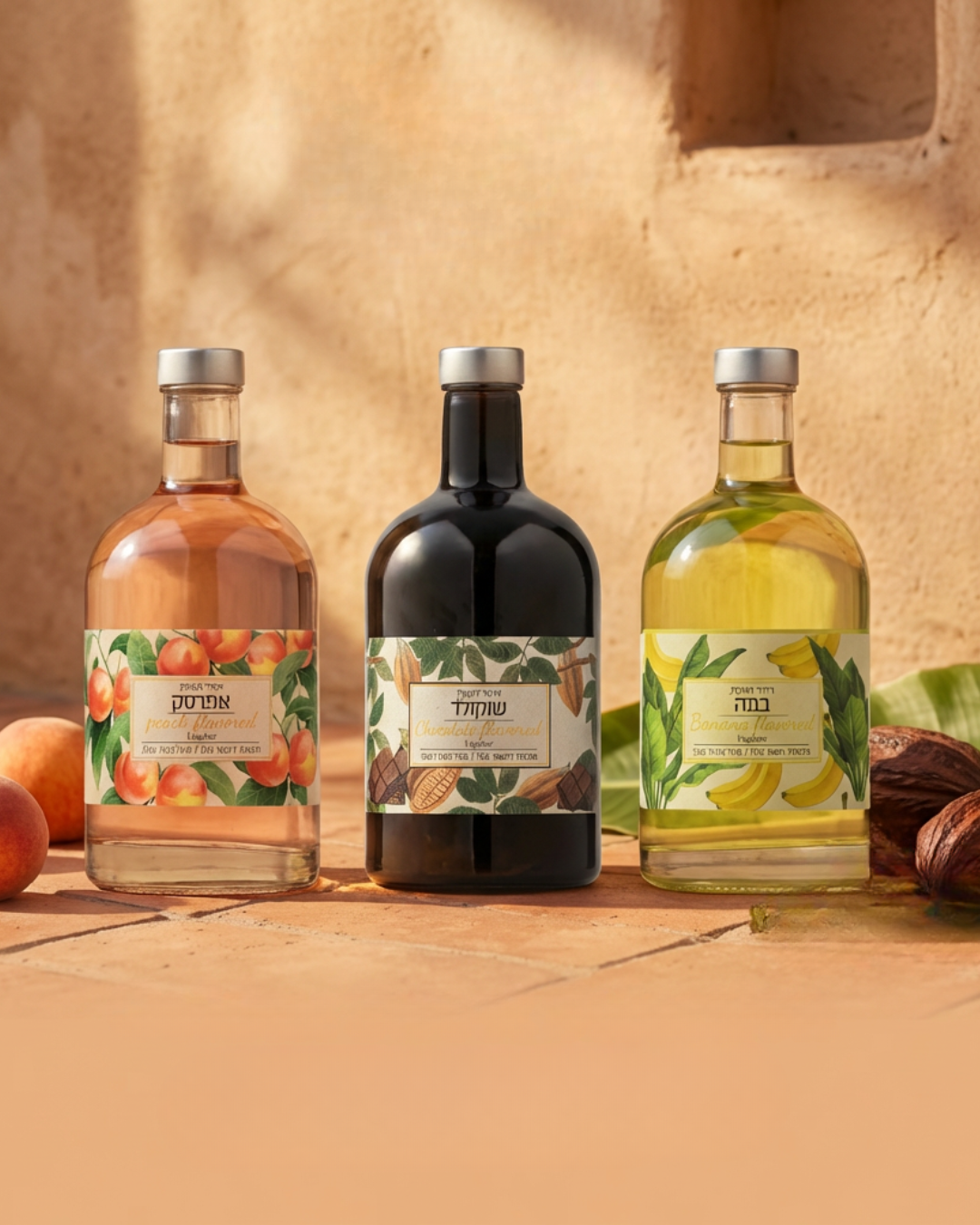 Three bottles of different types of alcohol on a wooden surface with a rustic background Liquors Binyamina