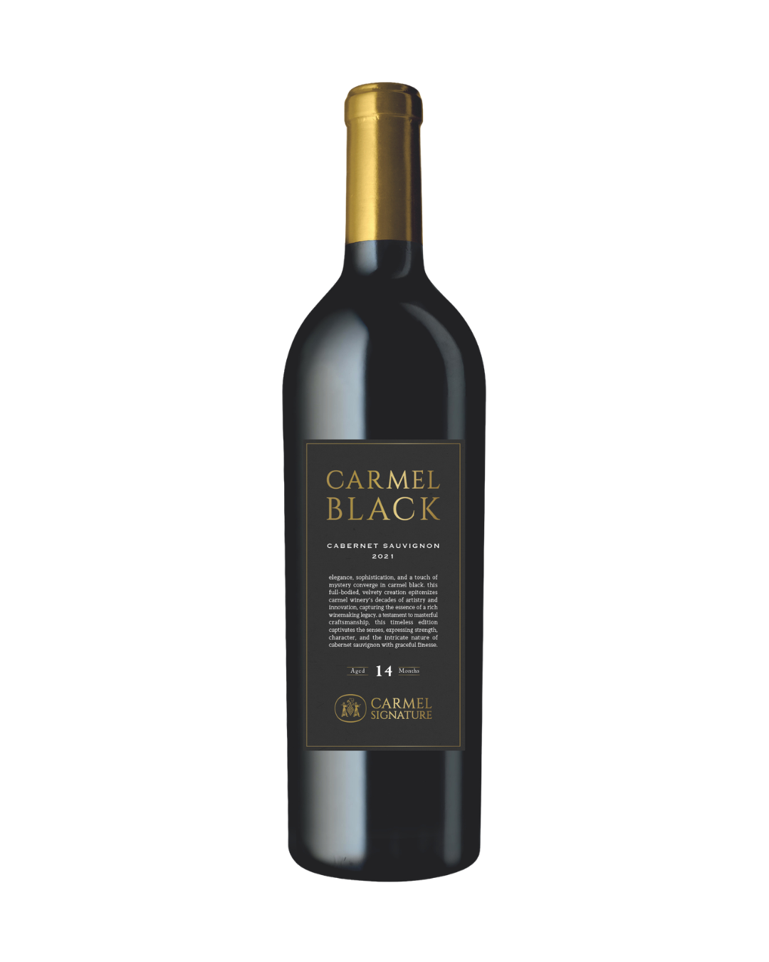 A bottle of Carmel Black Cabernet Sauvignon Red wine, featuring a dark glass bottle with a gold foil top and a black label with gold lettering, set against a plain white background.