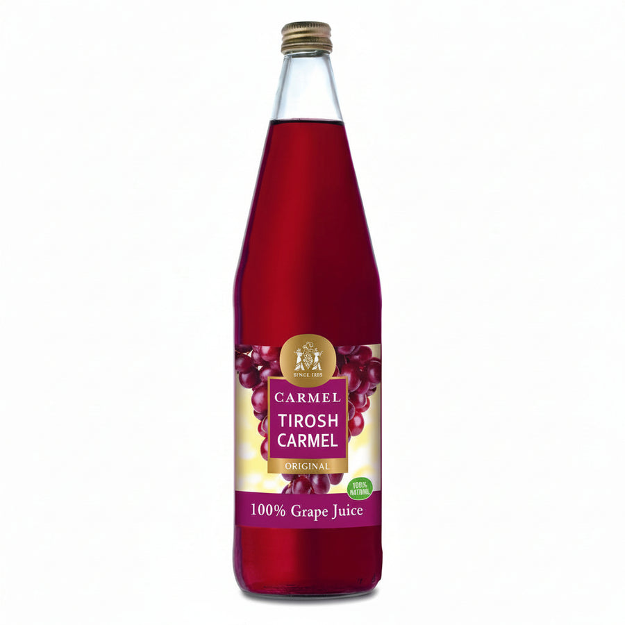 Bottle of Carmel Tirosh Carmel Original 100% Grape Juice on a white background Israel wine