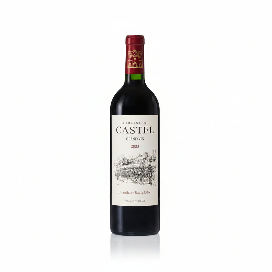 Castel Grand Vin 2023 wine bottle with a white background Israeli wine