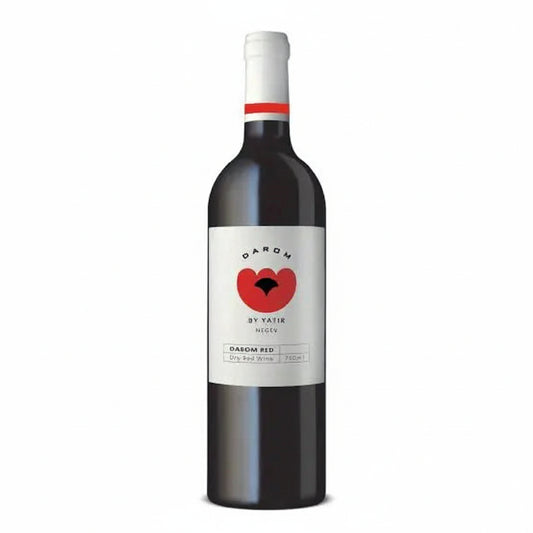 Wine bottle of Darom Red 2021 with a red and white label on a white background Israeli wine