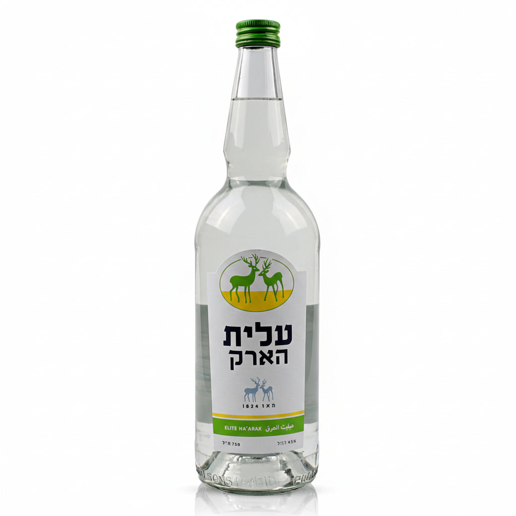 Clear glass bottle with a green cap and label featuring Hebrew text on a white background