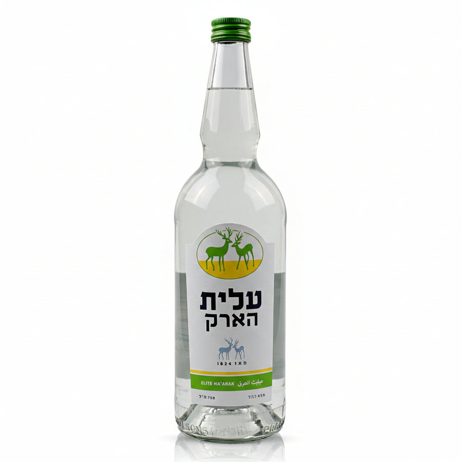 Clear glass bottle with a green cap and label featuring Hebrew text on a white background
