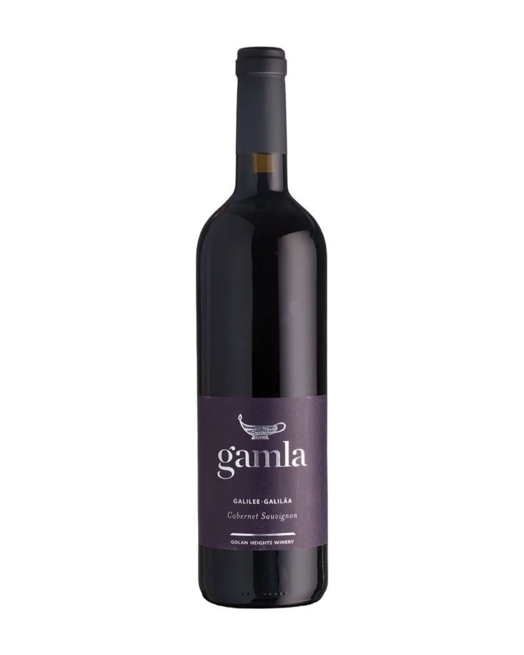 A bottle of Gamla Galilee Cabernet Sauvignon red wine by San Jacinto Winery, featuring a dark glass bottle with a purple label and black cap, set against a plain white background.