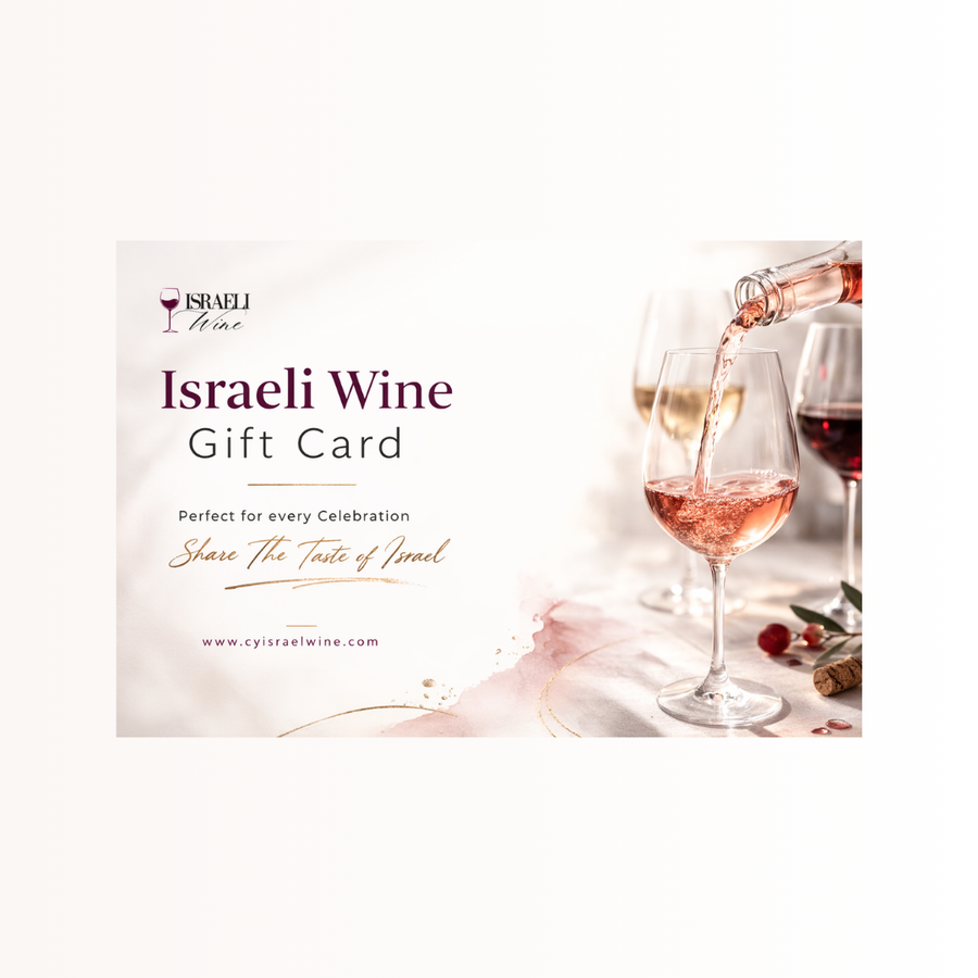 Israeli Wine gift card with wine being poured into a glass on a white background