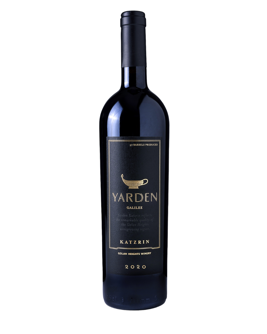 A bottle of Yarden Galilee Katzrin red wine from Solar Heights Winery, featuring a dark navy blue glass bottle with a black label and gold lettering, set against a plain white background.