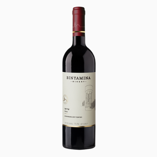 Red wine bottle with Binyamina Winery label on a white background