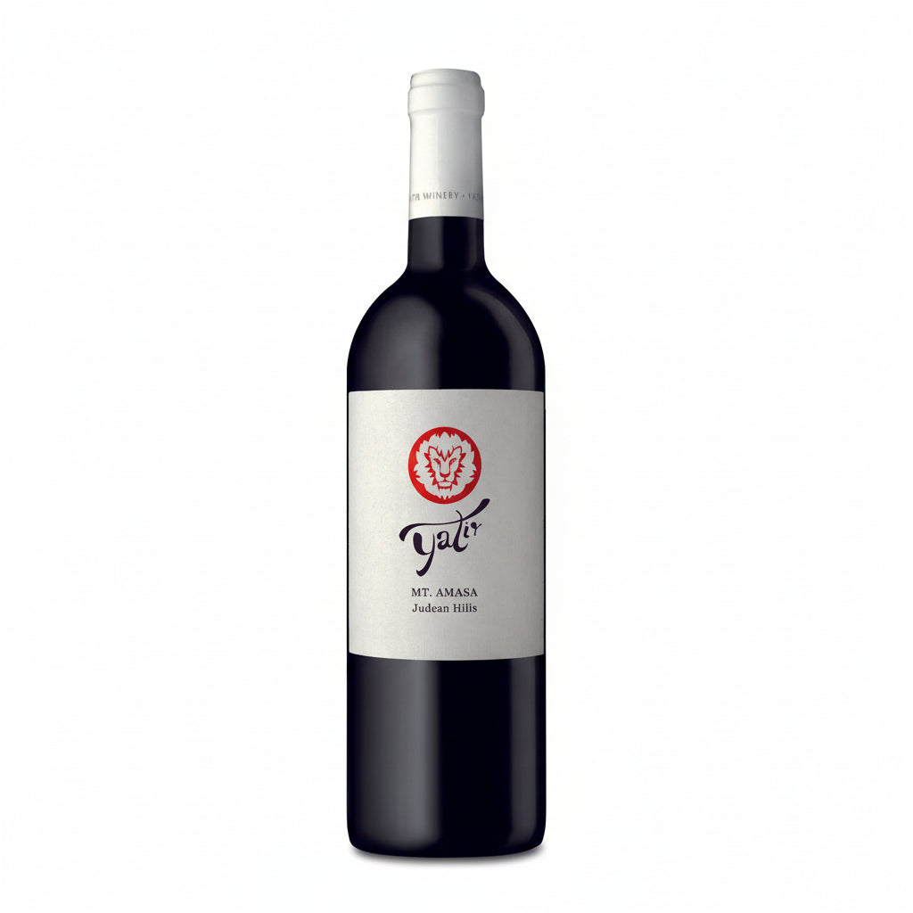 Wine bottle with a white label featuring a red logo on a white background Mt. Amasa Red by Yatir