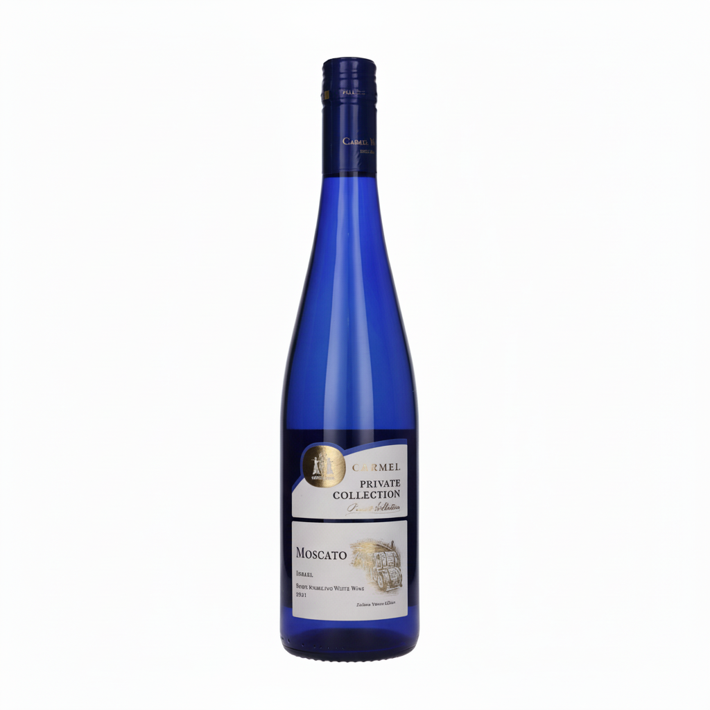 Blue wine bottle of Private Collection Muscato with a label on a white background Israeli wine