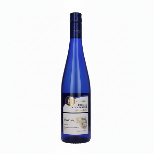 Blue wine bottle of Private Collection Muscato with a label on a white background Israeli wine