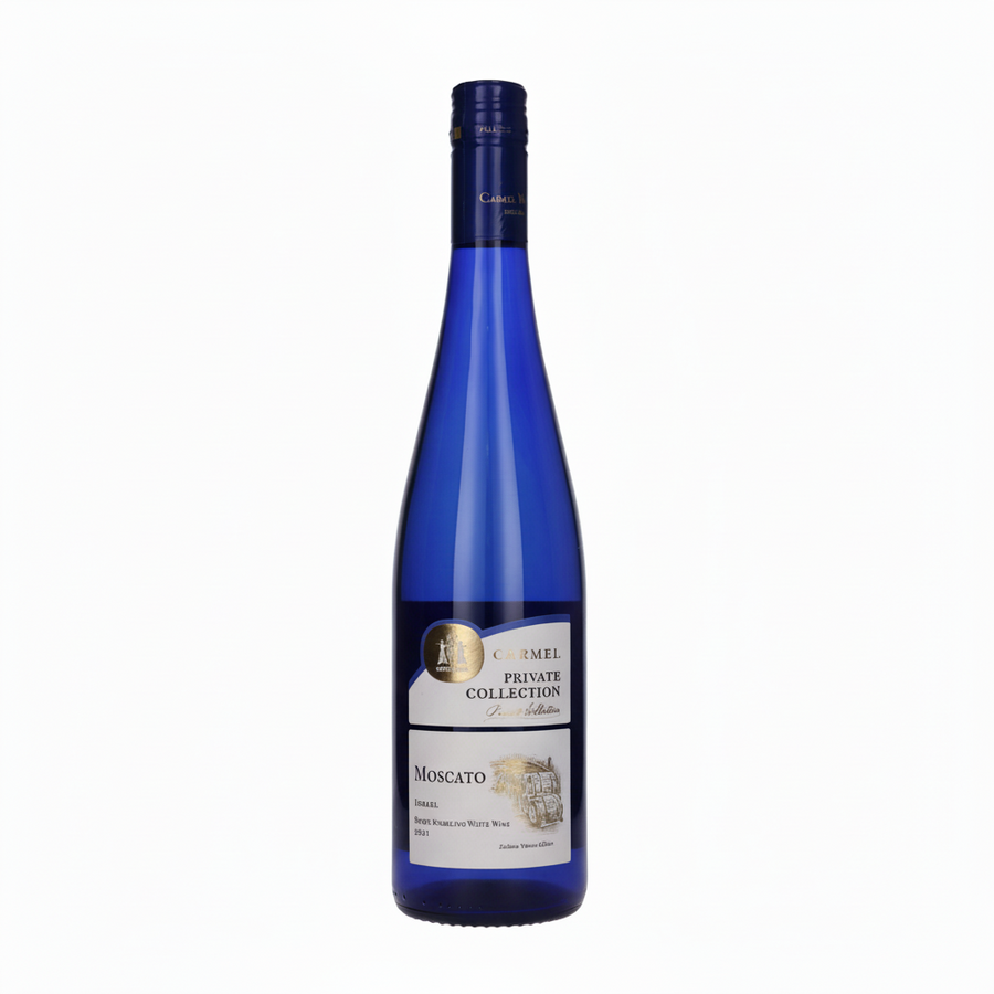 Blue wine bottle of Private Collection Muscato with a label on a white background Israeli wine