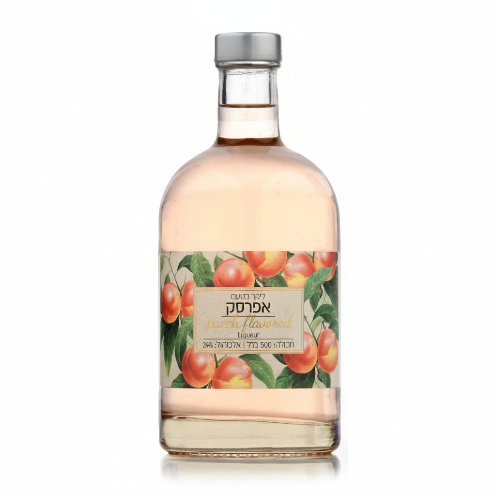 Bottle of Peach Liqueur on a white background Israeli wine
