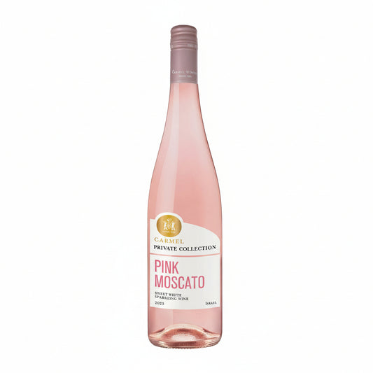 Bottle of Carmel Pink Moscato wine on a white background Israeli Wine