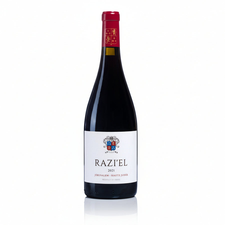 Razi'el red wine bottle with a white background Israeli wine
