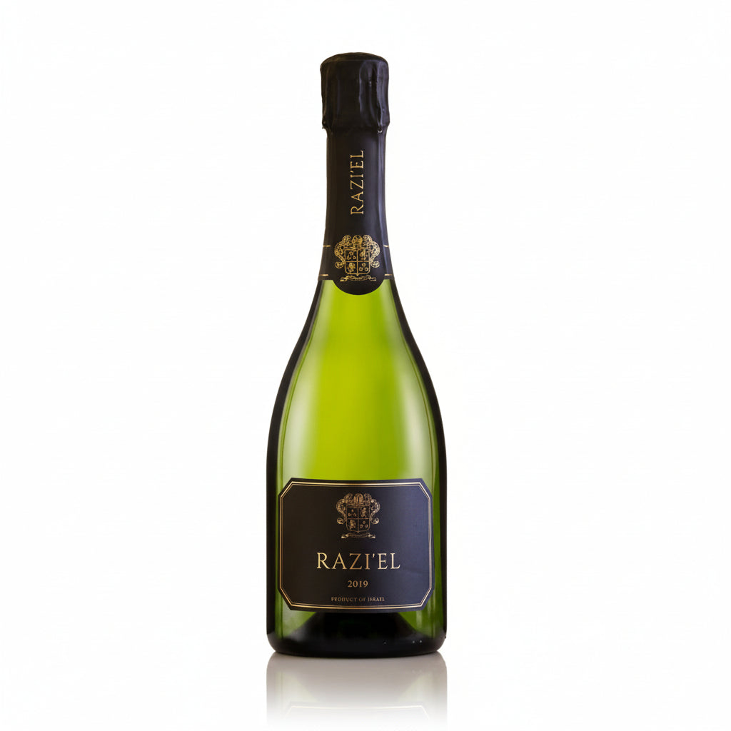 Bottle of Razi'el Sparkling Vintage 2019white sparkling wine on a white background