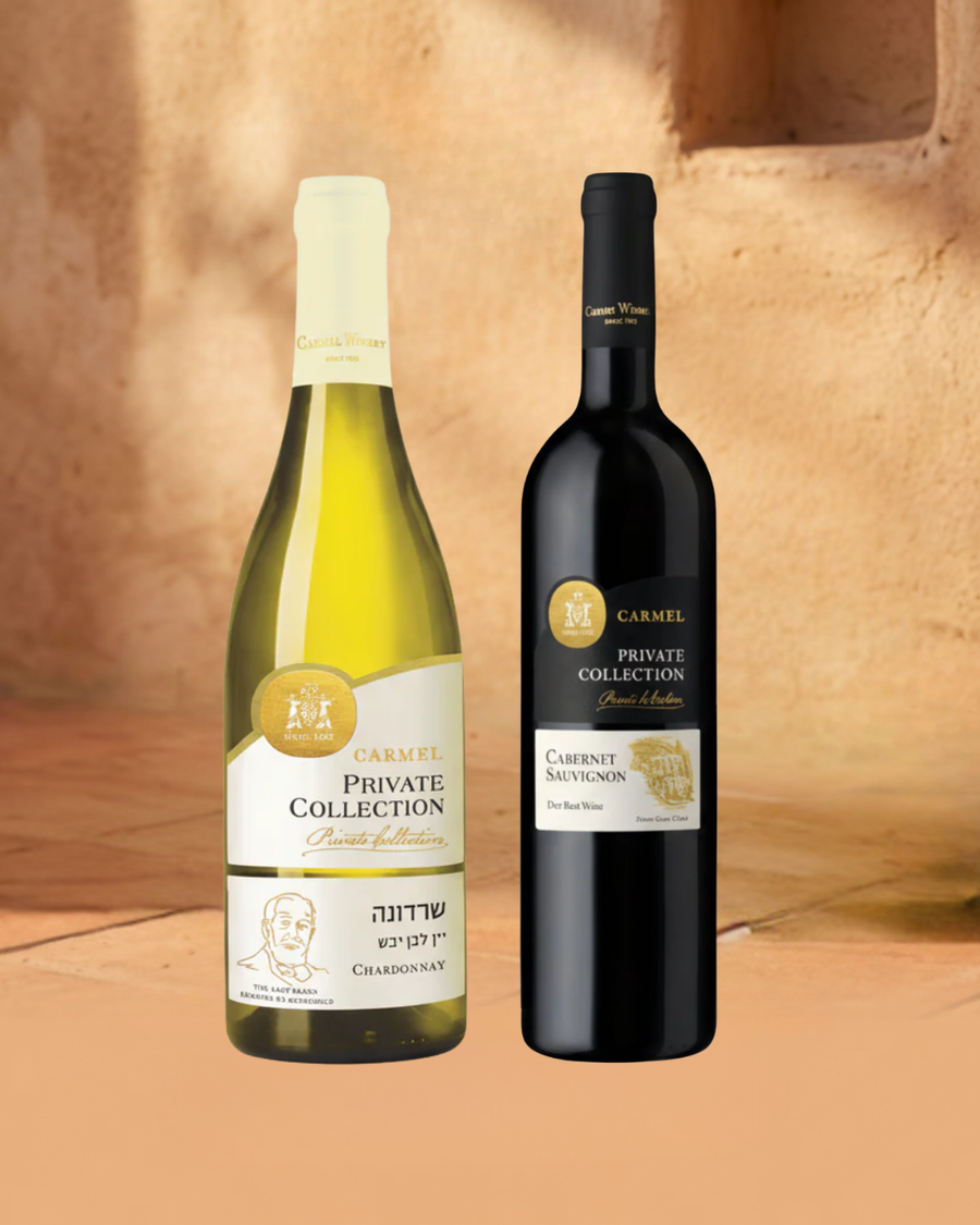Two bottles of Carmel Private Collection wine on a warm-toned background