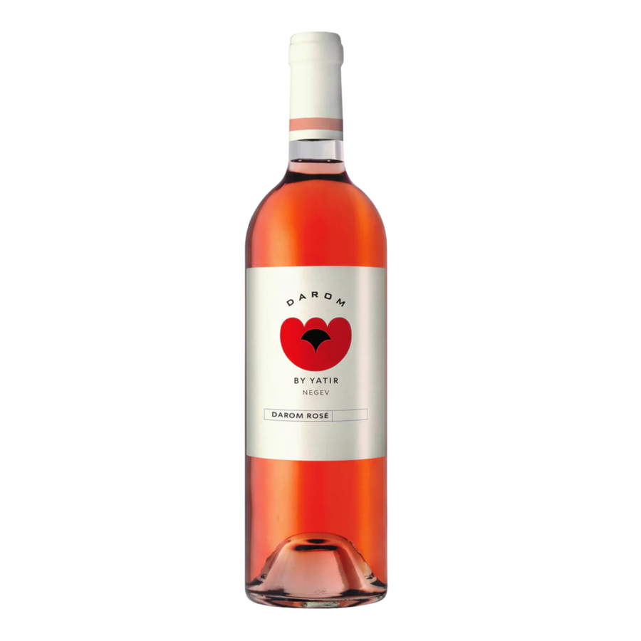 Rose wine bottle with a red and white label on a white background