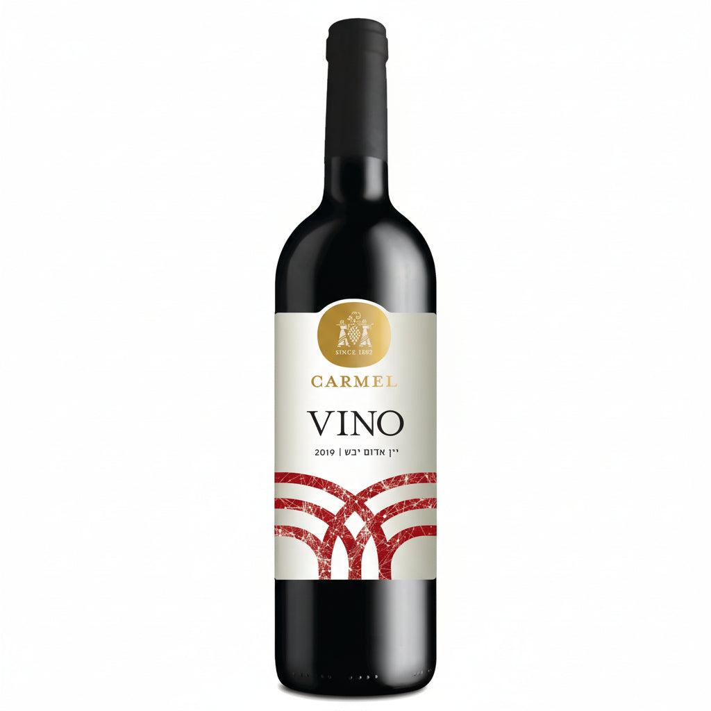 Wine bottle with a label Vino by Carmel on a white background Israeli wine
