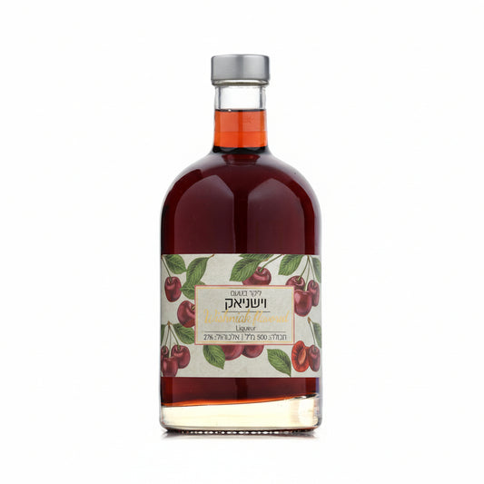 Red colored bottle of Wishniak Liqueur by Binyamina Israeli Wine 