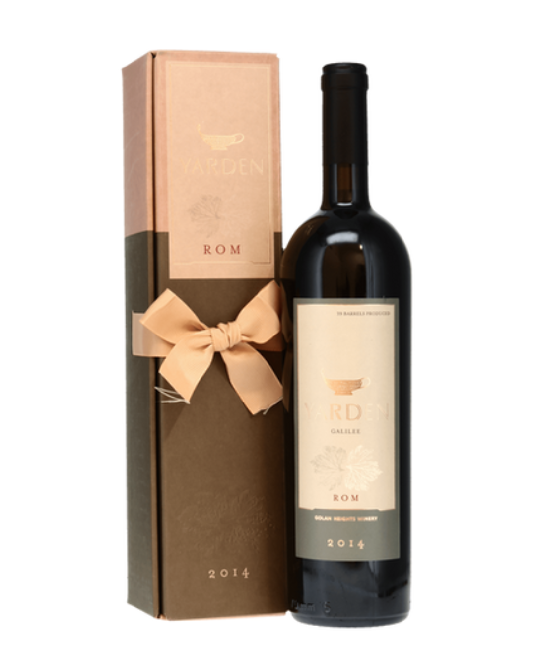 A bottle of Rom wine next to its matching gift box. The bottle is dark glass with a cream label and black cap, and the box is a metallic rose gold and brown color tied with a beige ribbon.