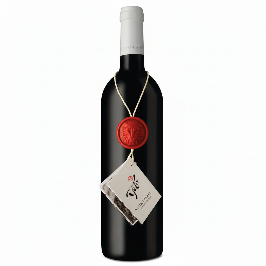 Wine bottle with a red wax seal and white label on a white background Yatir Forest by Israeli wine in Cyprus