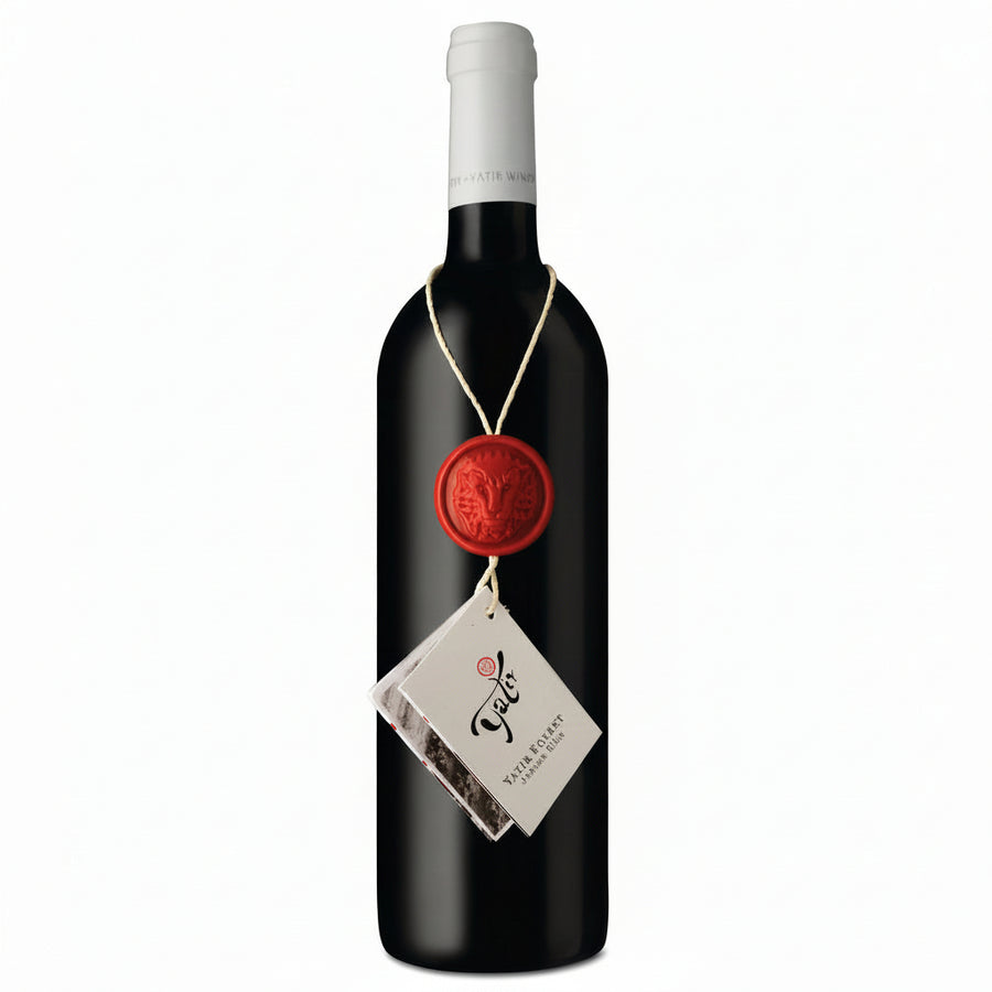 Wine bottle with a red wax seal and white label on a white background Yatir Forest by Israeli wine in Cyprus