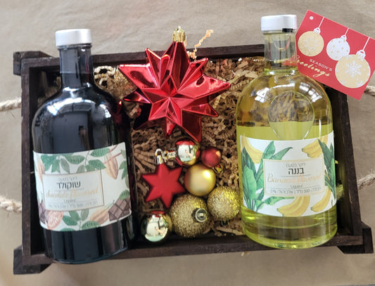 2 liquor bottles in a wooden box